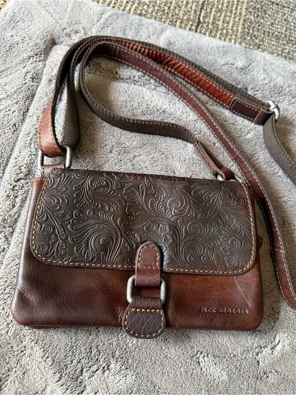 Jack Georges Tooled Leather flap Crossbody Bag in Brown